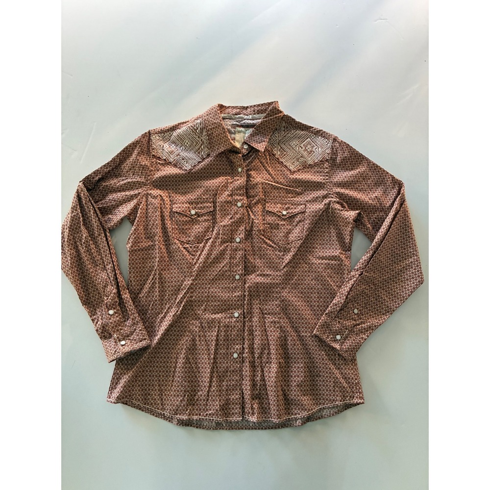 Panhandle Rough Stock Mens Large Western Snap Shirt Rust Geometric Embroidered